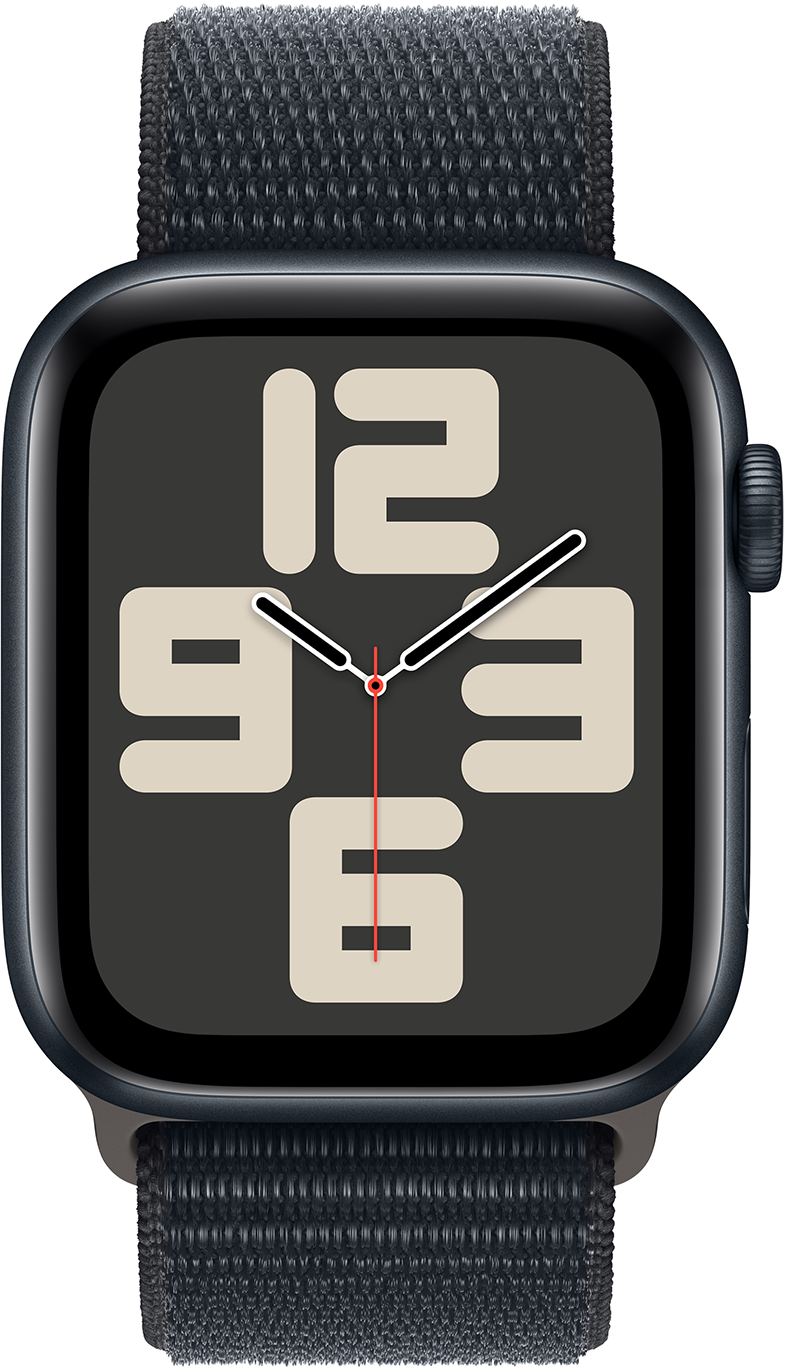 Fekete Apple Watch sötétkék szíjjal, számlap: 12, 3, 6, másodpercmutatóval. A szíj textúrált.