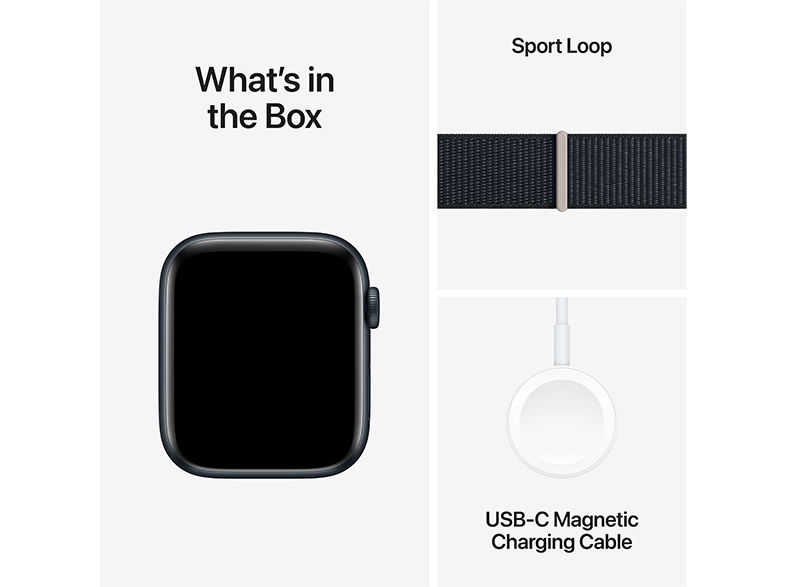 Apple Watch, sport loop szíj és USB-C töltőkábel fehér háttéren.
