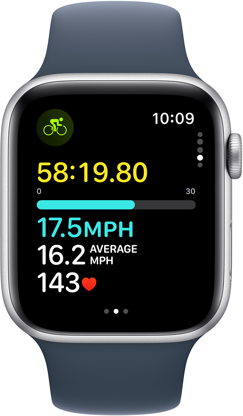 Az Apple Watch képernyője kerékpározási statisztikákat mutat: idő, sebesség, pulzus és idő.