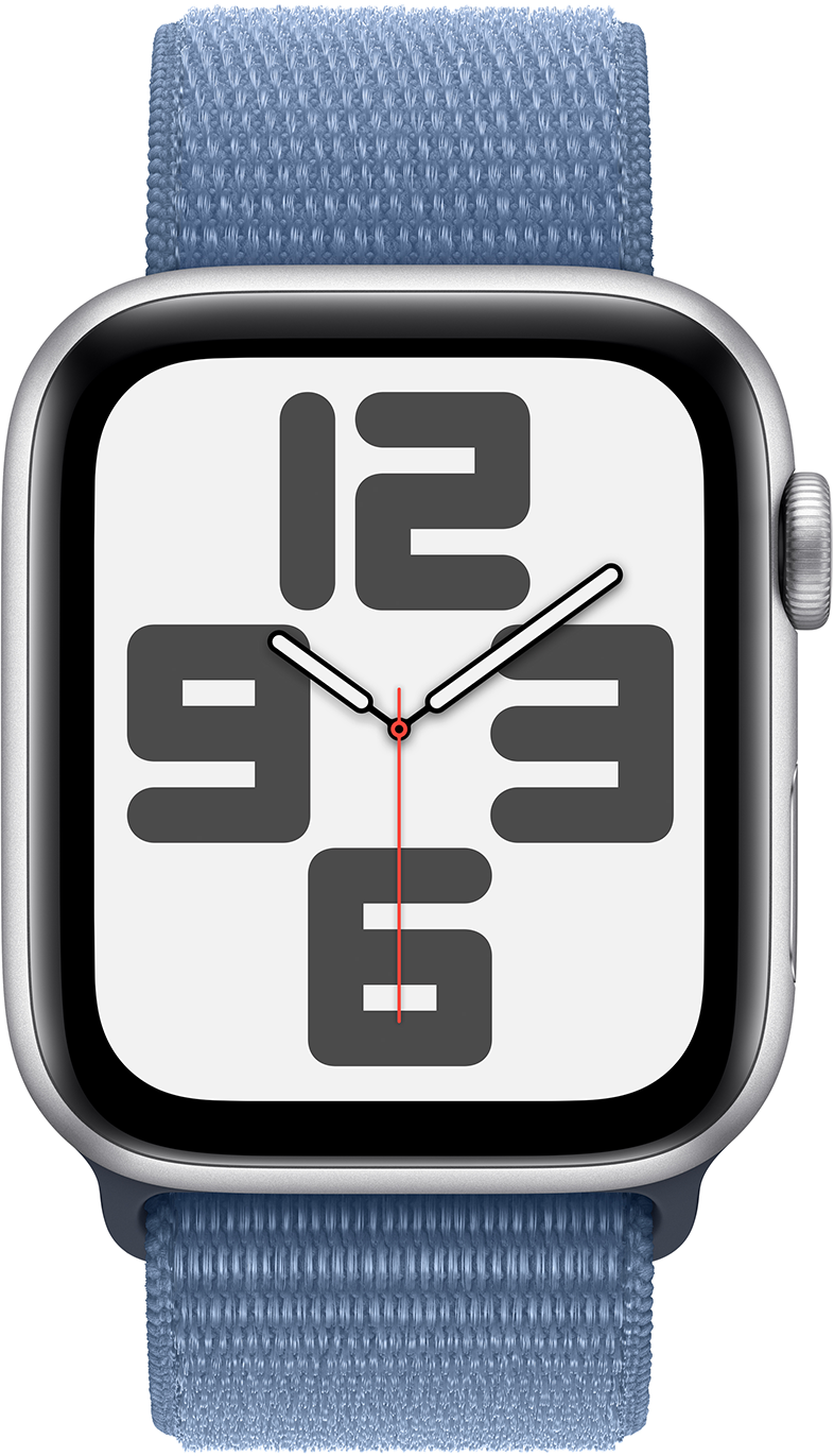 Apple Watch kék fonott solo loop szíjjal, nagyméretű számokkal ellátott számlappal.