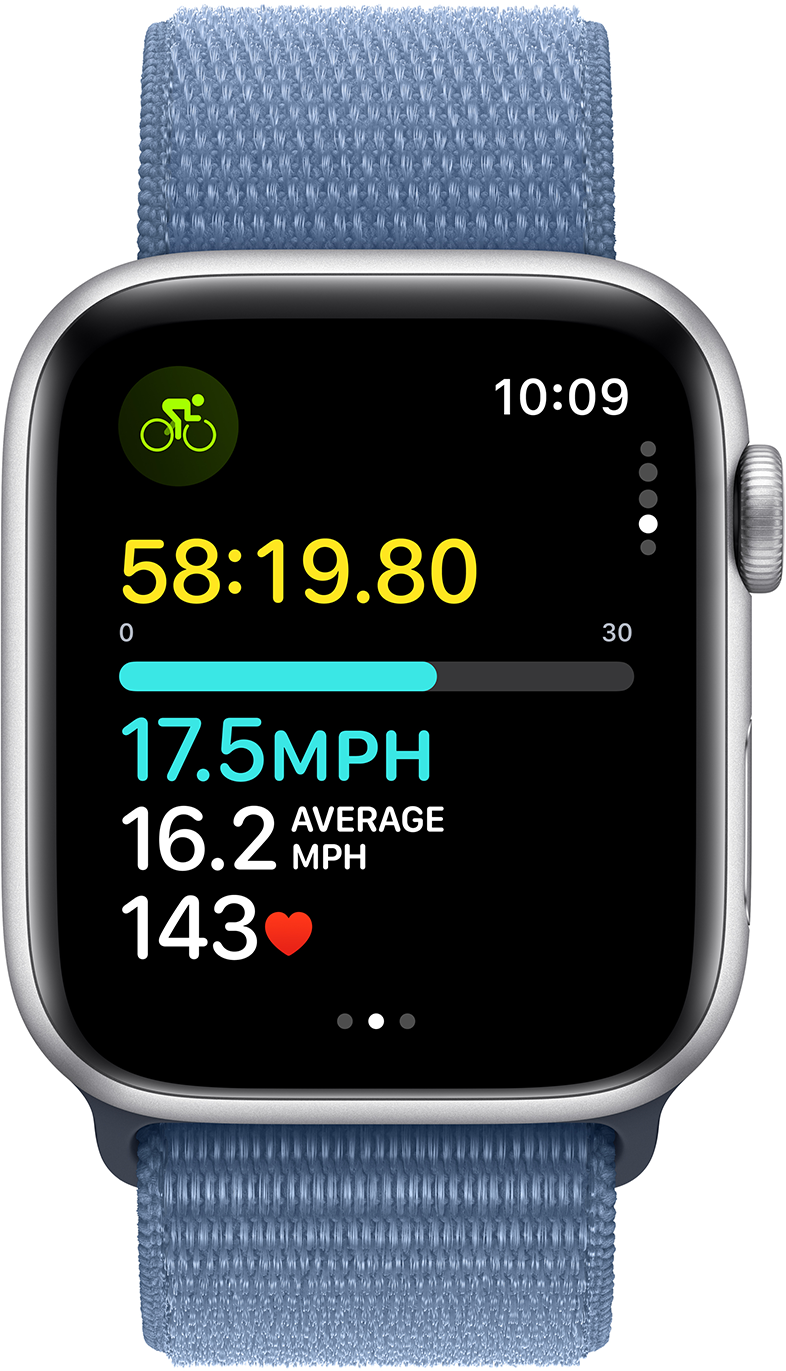 Apple Watch kerékpározási adatokkal: sebesség, pulzus, idő.