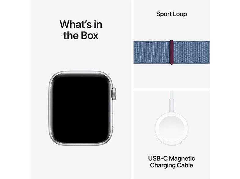 Egy Apple Watch fekete képernyővel és töltőkábellel. A dobozon a 'Mi van a dobozban' felirat látható, és egy szíj.