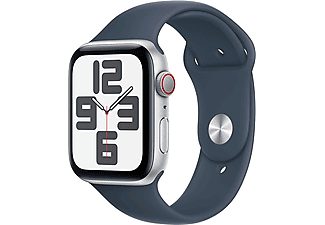 APPLE Watch SE 2023 GPS + Cellular, 44mm, ezüst alumíniumtok, viharkék sportszíj, S/M (MRHF3QH/A)