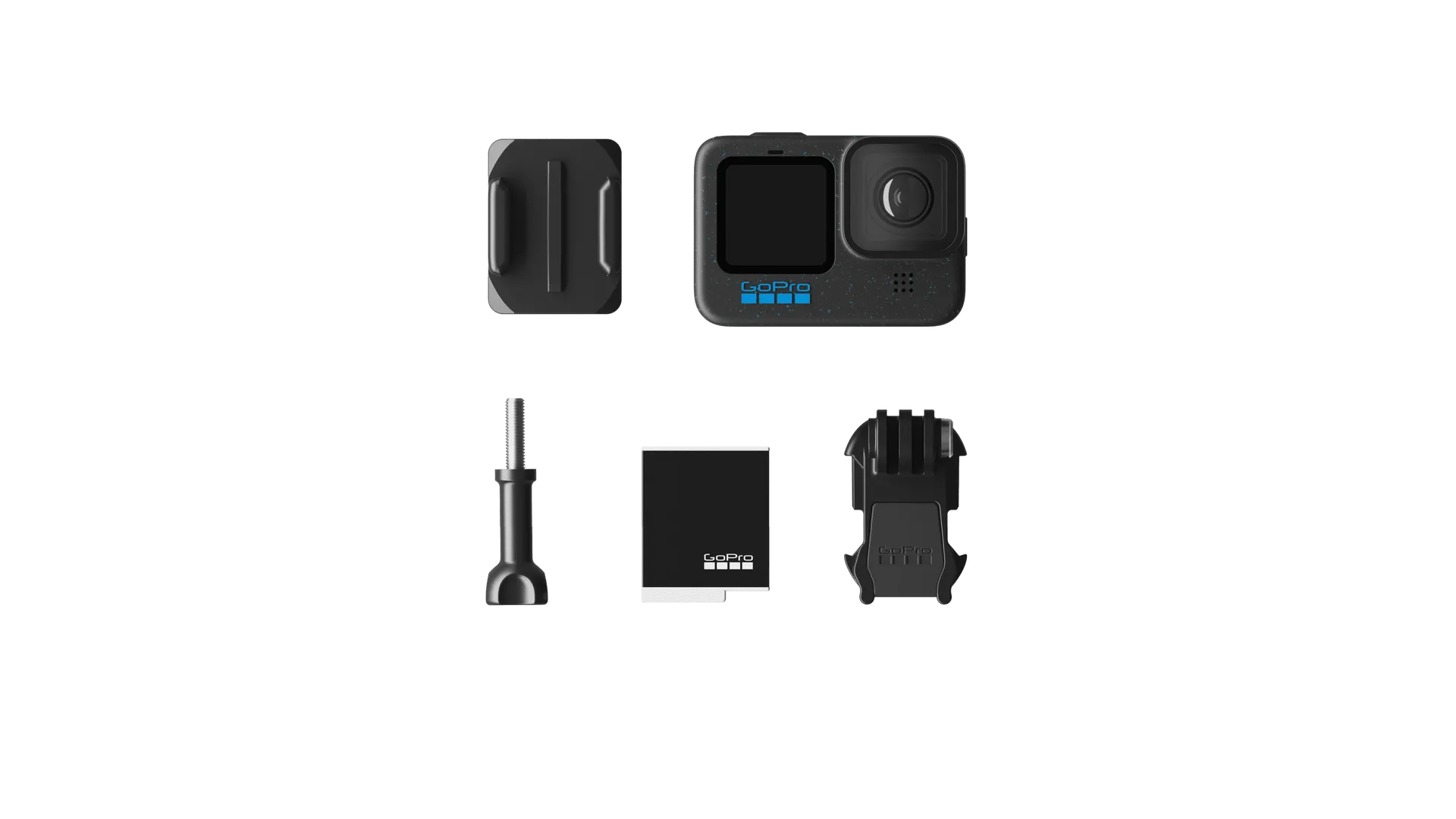 Beyaz zemin üzerinde GoPro kamera ve aksesuarları. Aksesuarlar arasında montajlar ve bir pil bulunur.