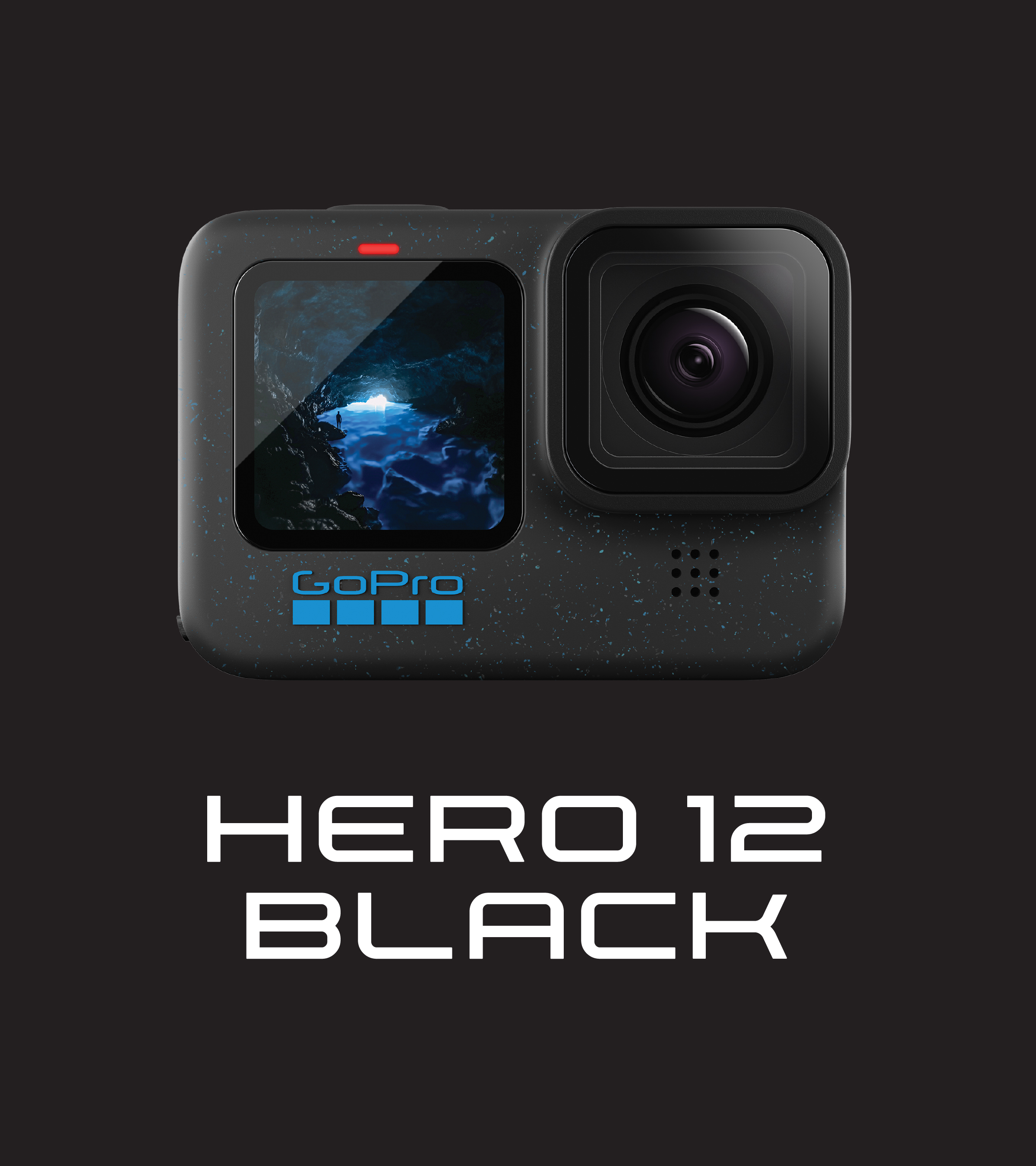 GoPro Hero 12 Black aksiyon kamerası. Lensli siyah kamera gövdesi, mağara gösteren ekran.
