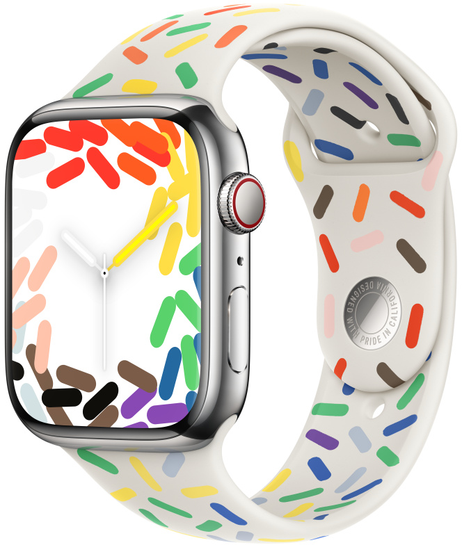 Apple Watch fehér szíjjal, színes cukormázzal.