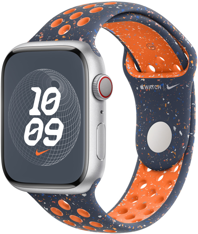 Apple Watch kék-narancs pettyes szíjjal és szürke számlappal.