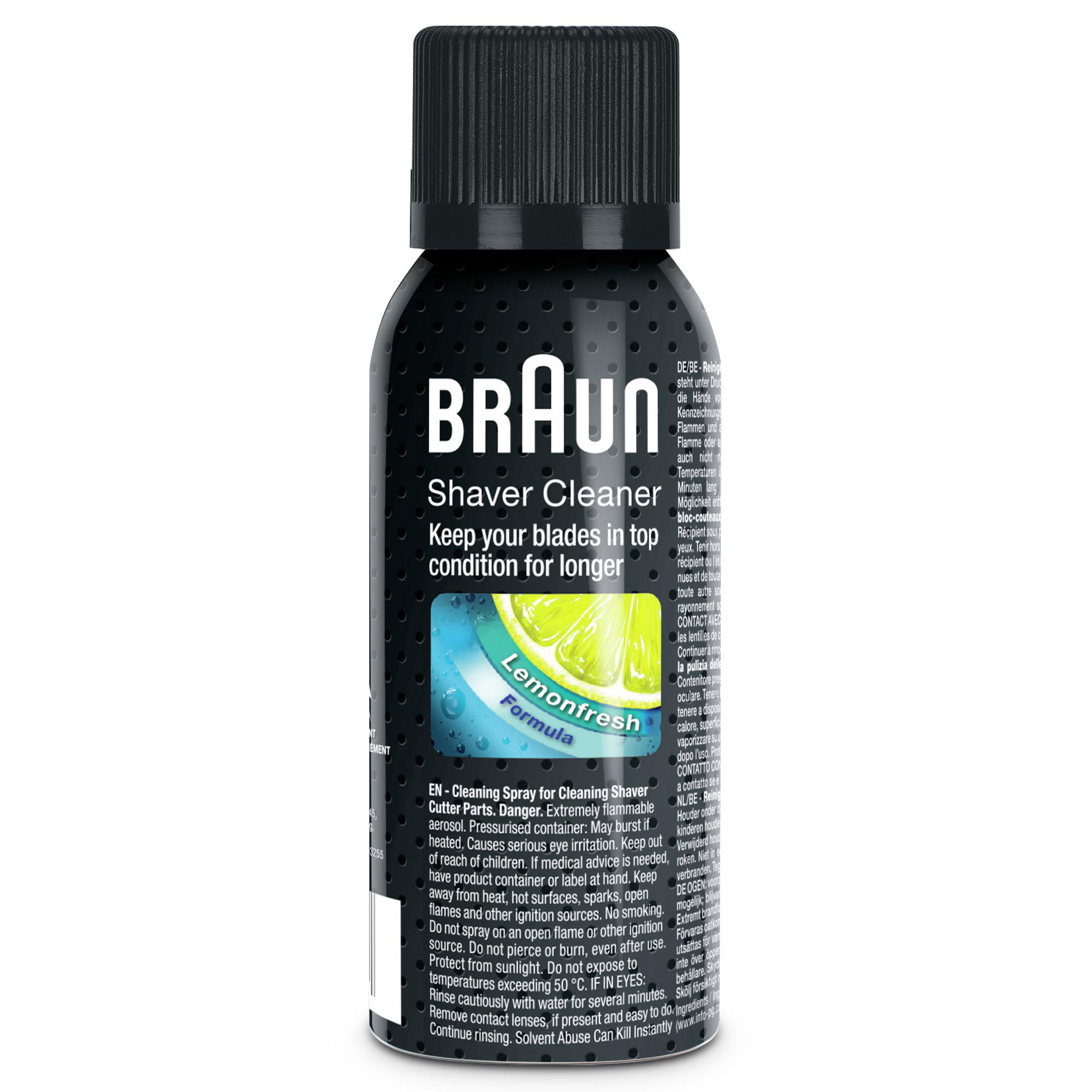 Braun Rasierer-Reiniger-Sprühflasche. Schwarze Flasche mit schwarzem Deckel, blaues Etikett.