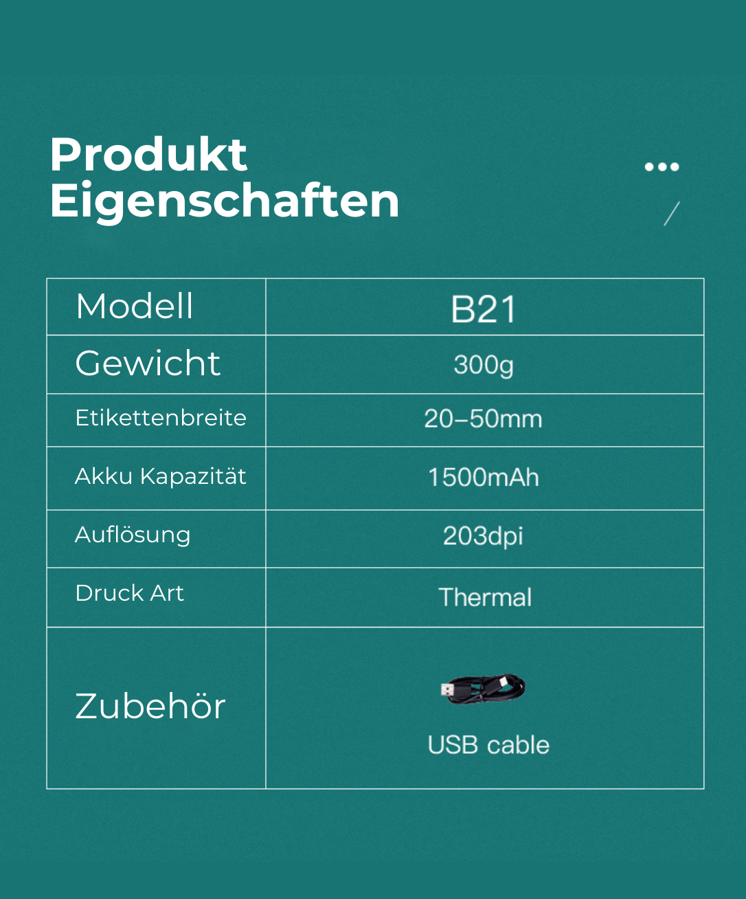 Produktmerkmale eines Druckers, einschließlich Modell, Gewicht, Auflösung und Zubehör.