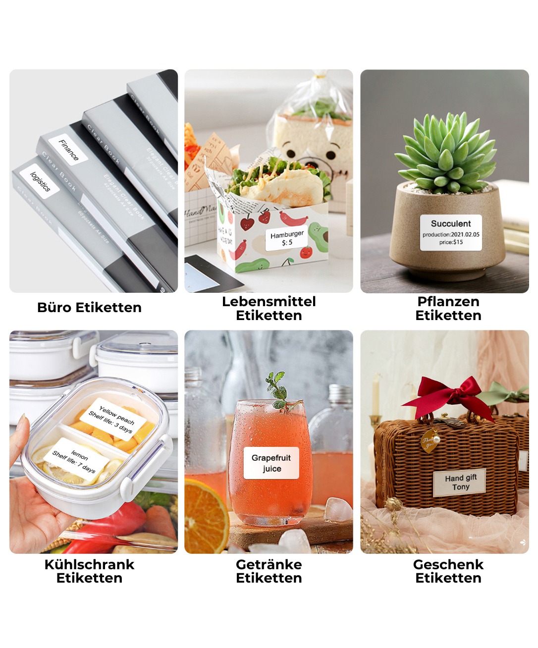 Etiketten für Büro, Lebensmittel, Pflanzen, Kühlschrank, Getränke und Geschenke.
