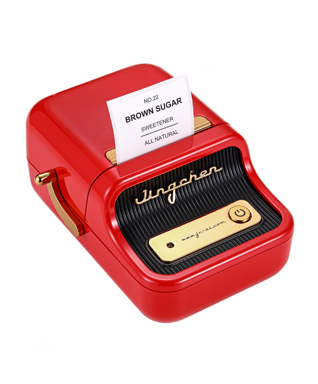 Roter Drucker im Retro-Stil mit einem Etikett, auf dem "BROWN SUGAR" steht.