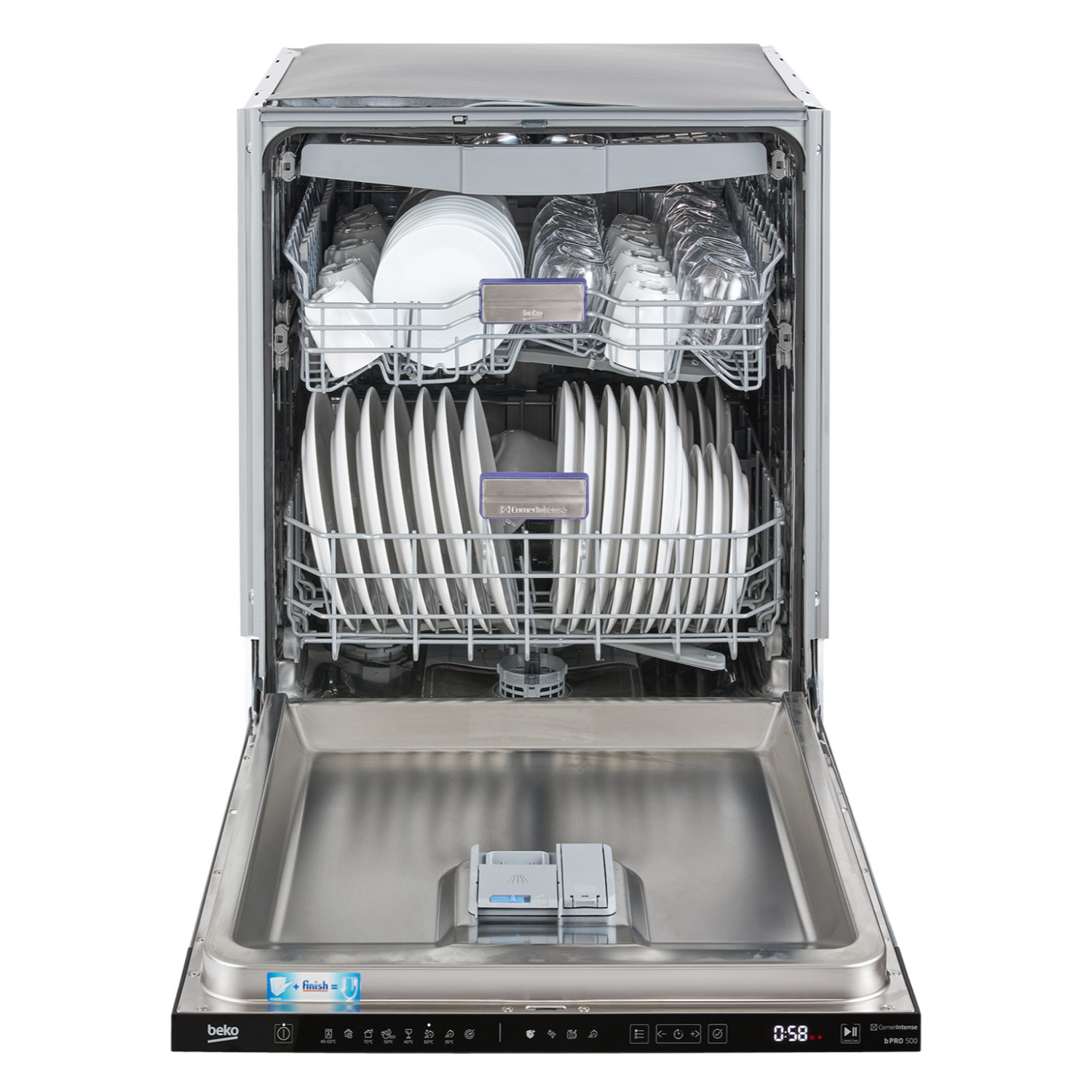 A dishwasher with the door open, showing dishes inside. It is full of clean dishes.