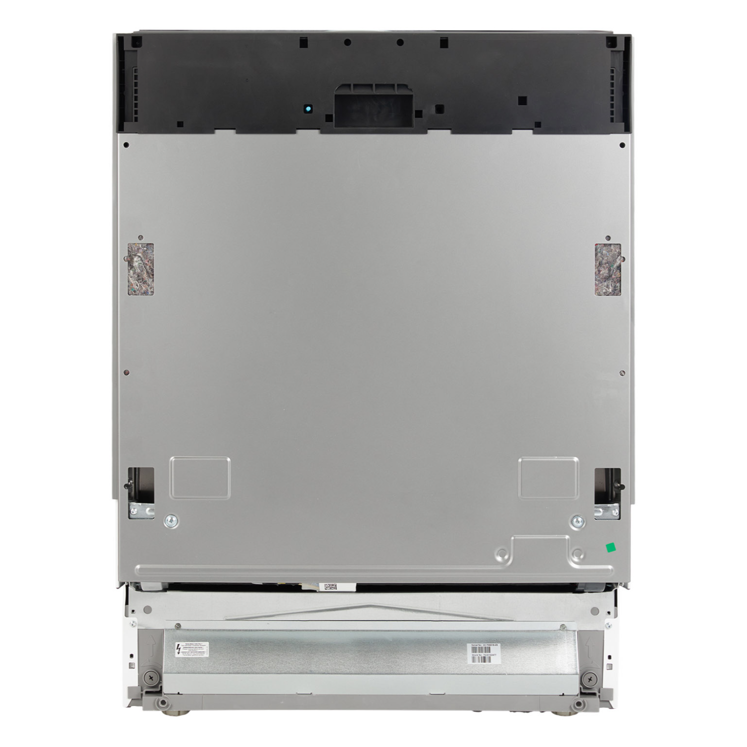 Back of a silver dishwasher with a black top and various components visible.