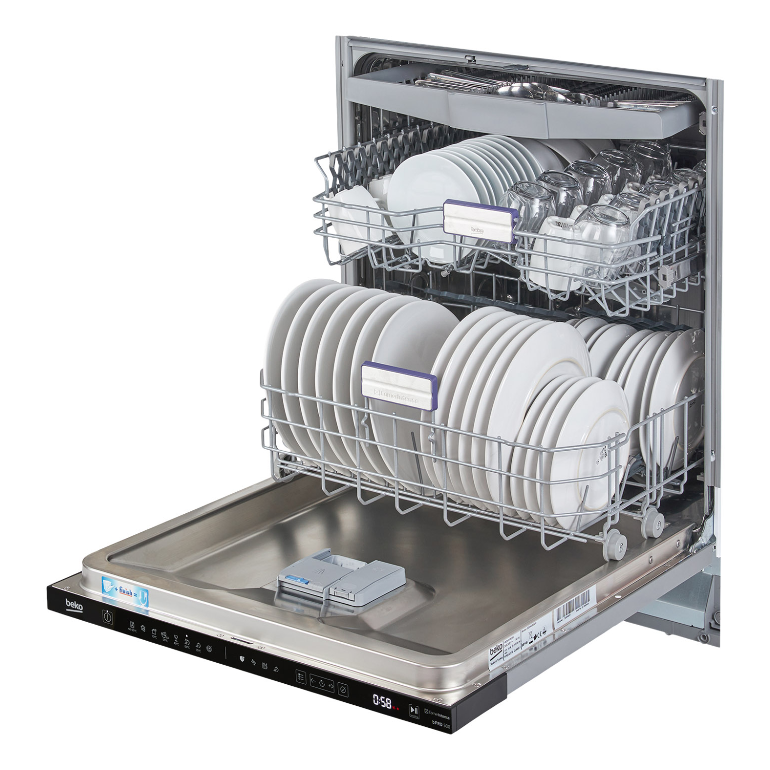 Dishwasher with open door. Inside are stacked white plates and glasses. It is stainless steel.