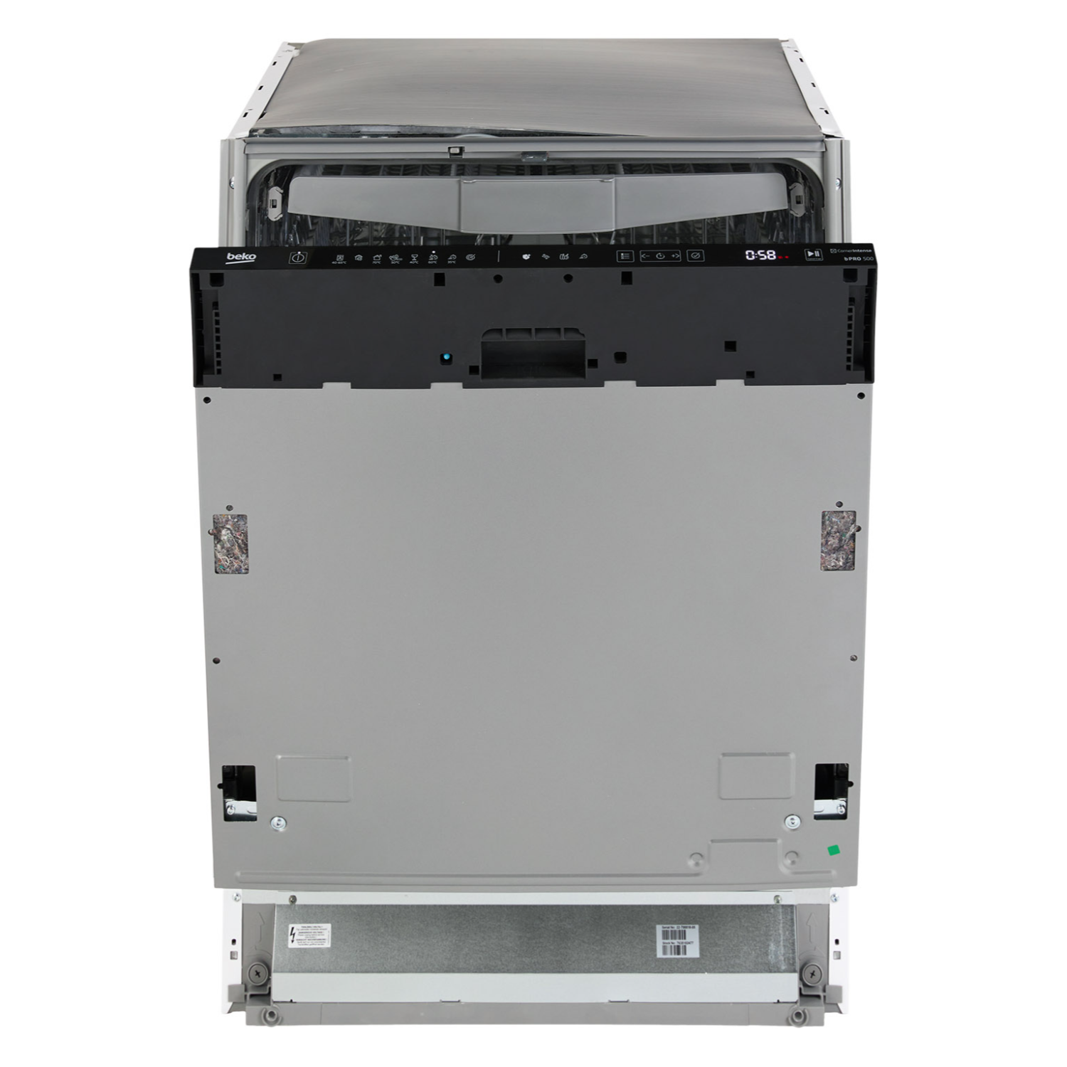 Dishwasher, open, showing interior with racks and controls. Gray and white colors. White background.