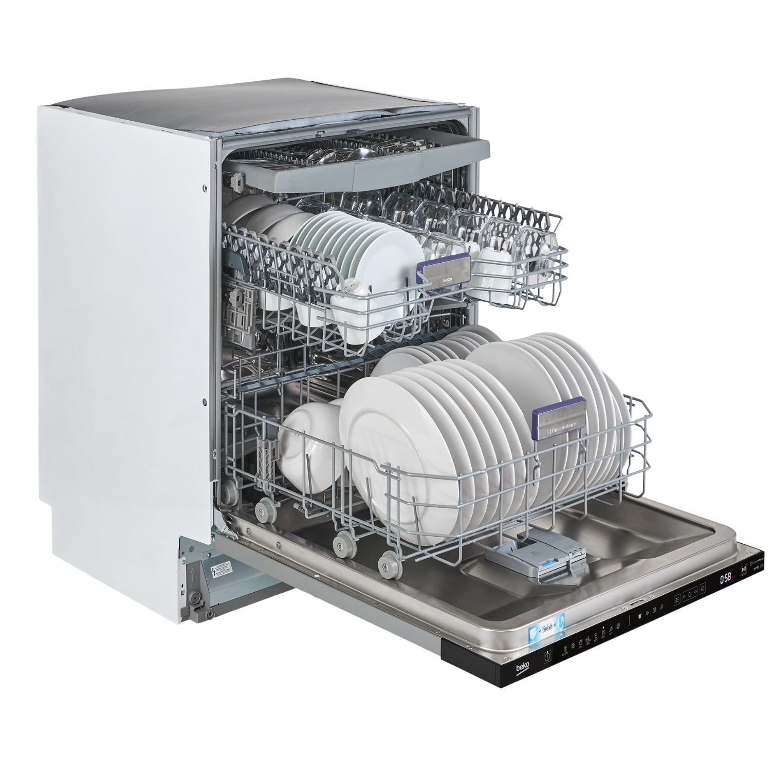 White dishwasher with open door, revealing stacked white dishes. Stainless steel interior.