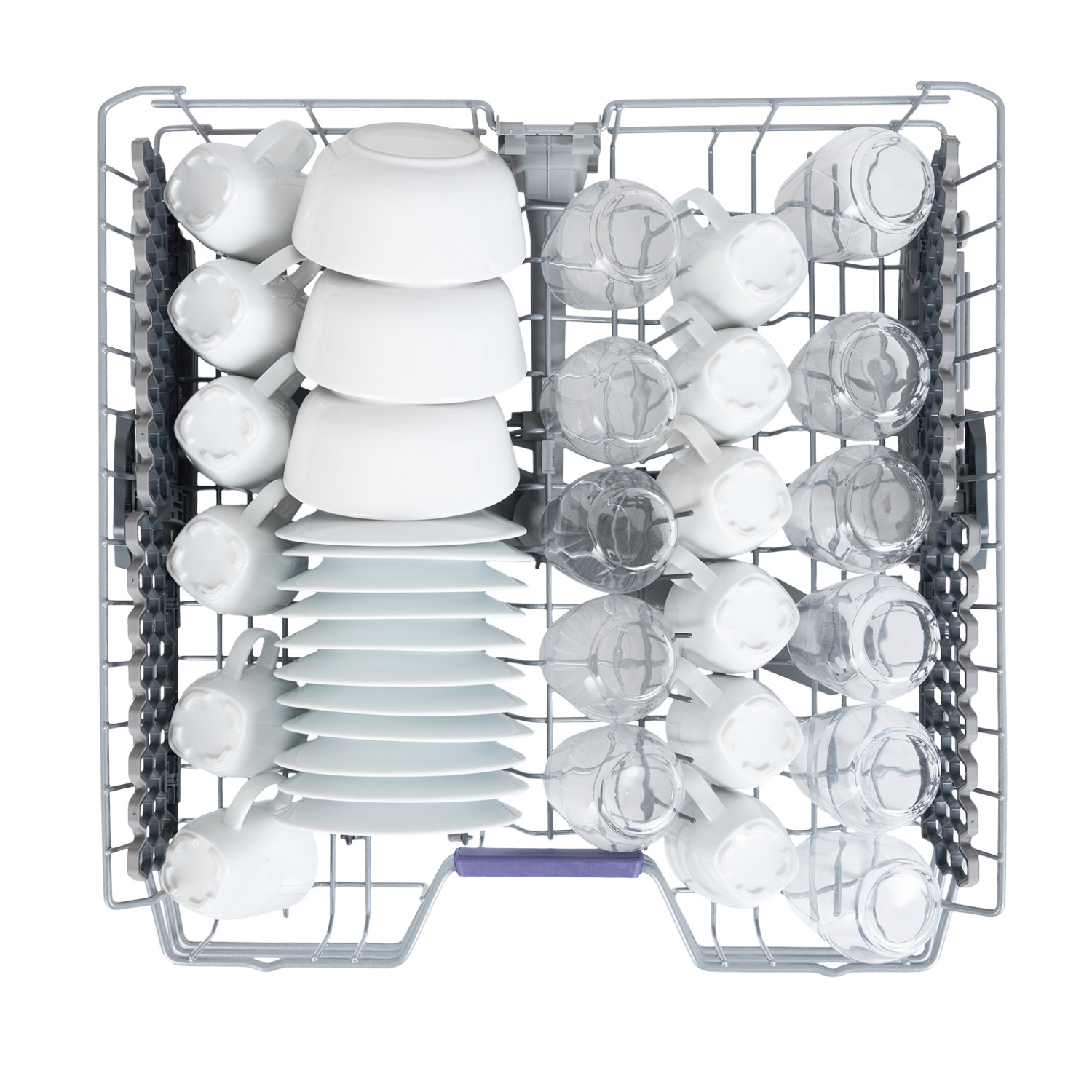 A dishwasher rack filled with white bowls, plates, cups, and glasses.