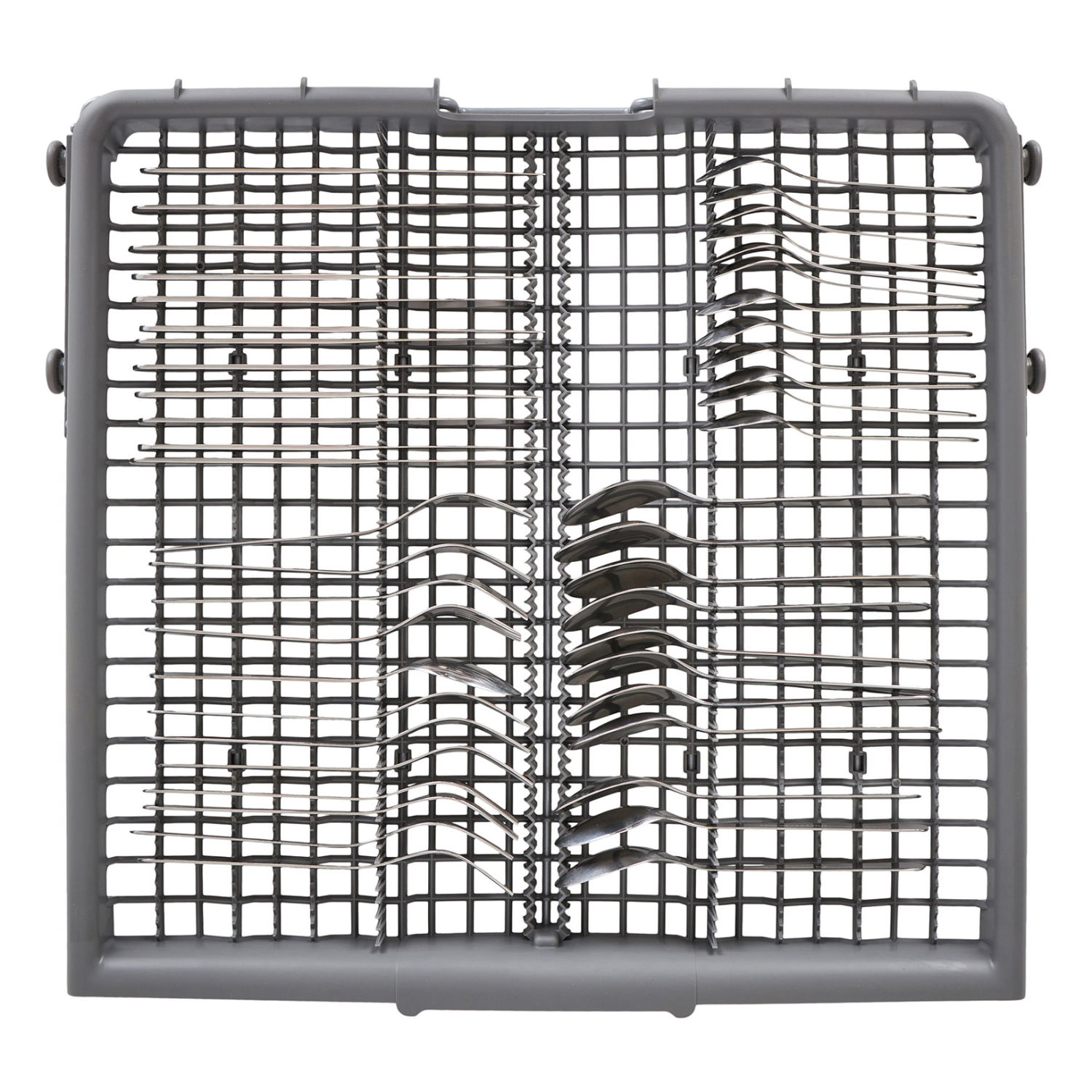 A dishwasher rack filled with silverware. Forks, spoons, and knives are arranged neatly.