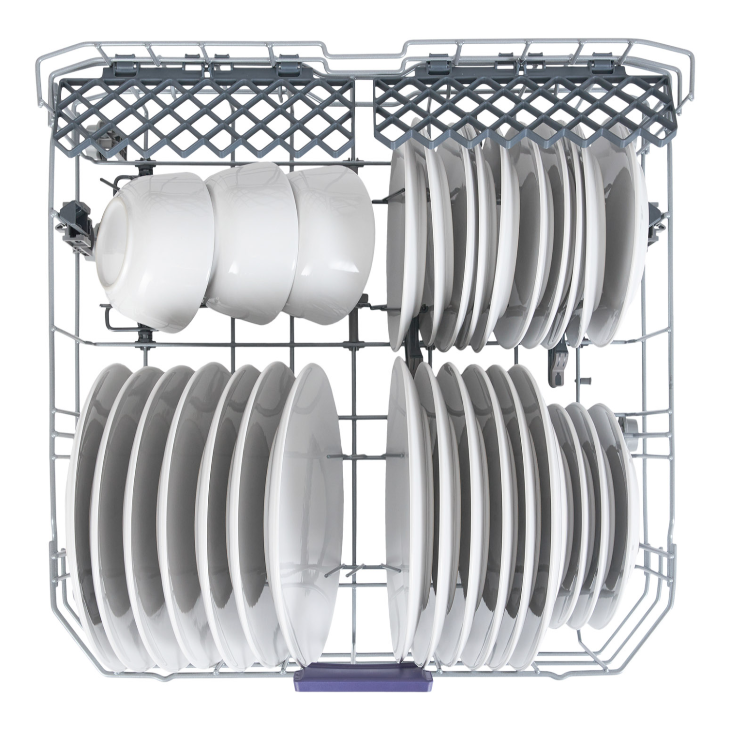 Dishwasher basket filled with plates and cups. Top view. Gray metal frame. White background.