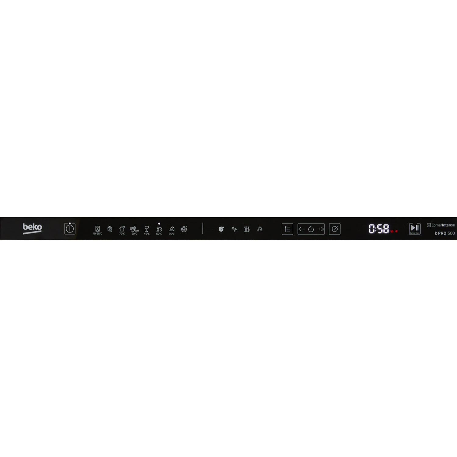 Black dishwasher control panel with a digital display showing 0:58. Beko logo at the top.
