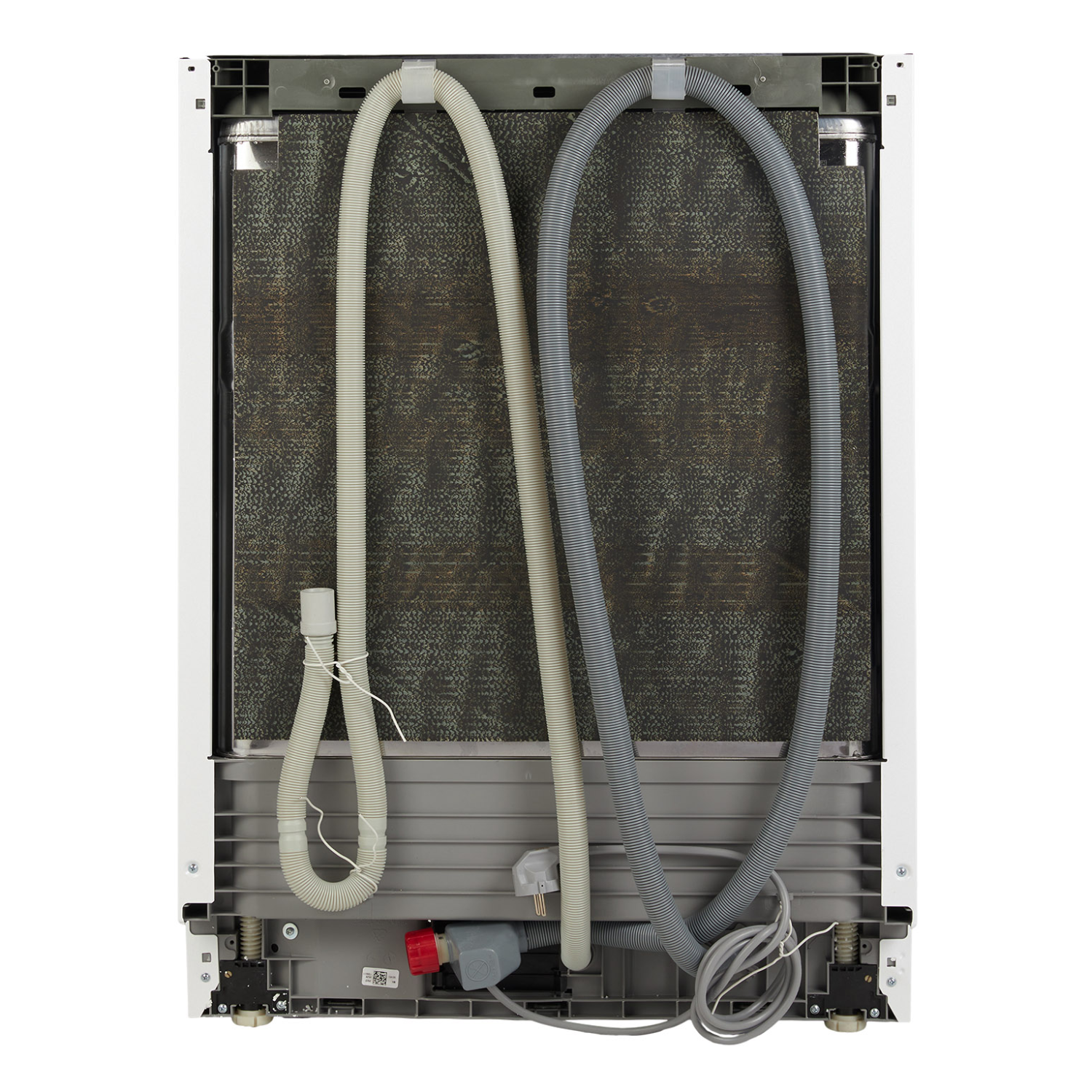 Back view of a dishwasher with internal components and hoses visible.