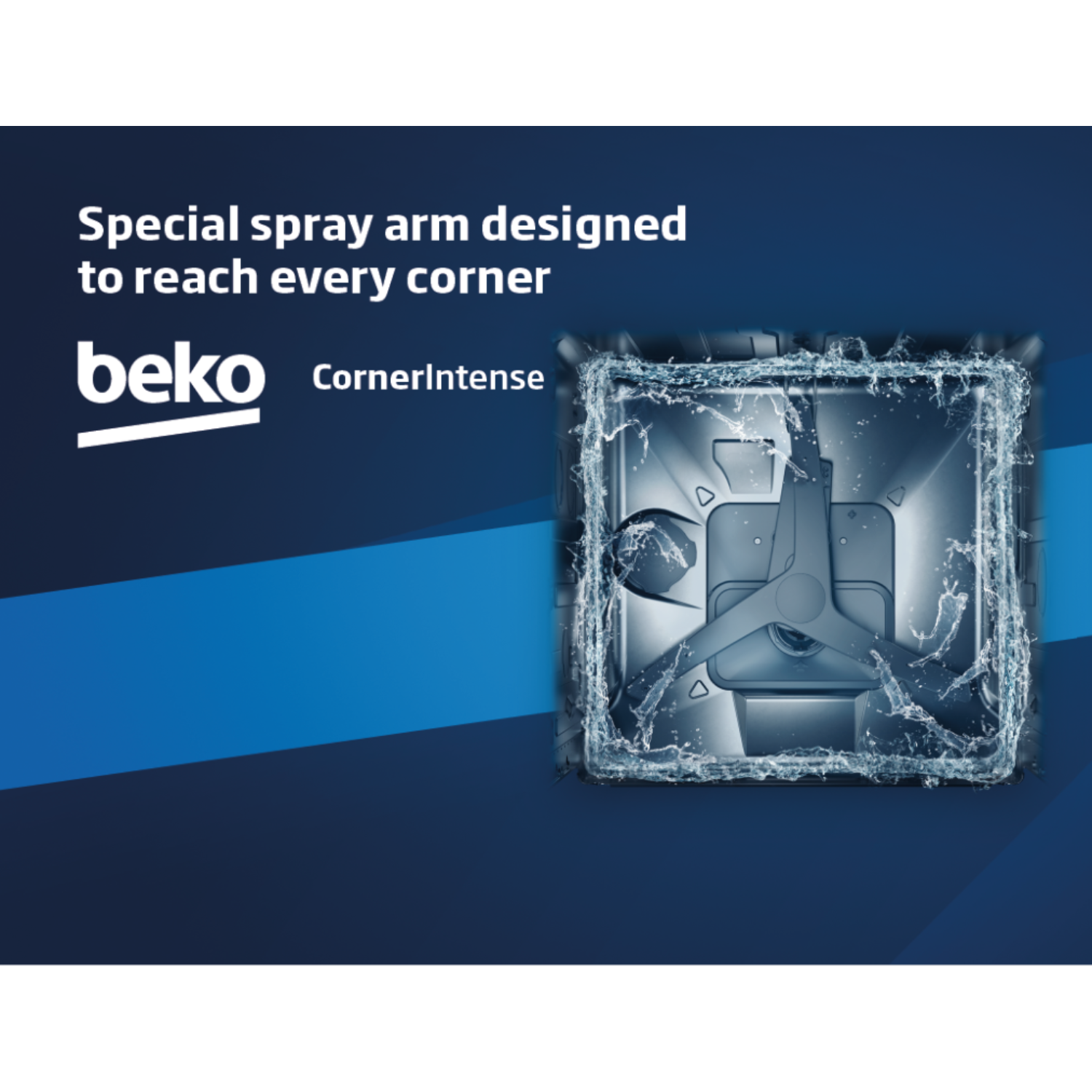 A graphic showing a spray arm with water. The Beko logo is also on the left side.
