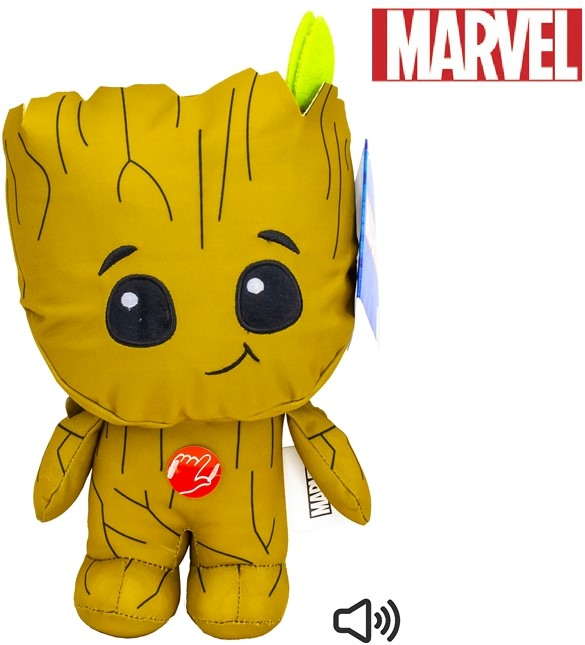 A Groot plush toy with a Marvel logo on the right, and a sound icon.