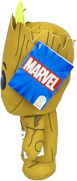 A Groot plush toy with a Marvel tag, side view, brown and green colors, isolated.