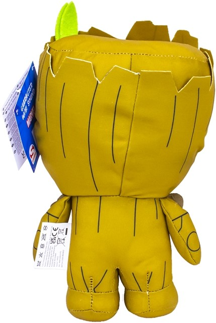 A Groot plush toy, back view, with a tag attached. It's brown with a green leaf-like head.