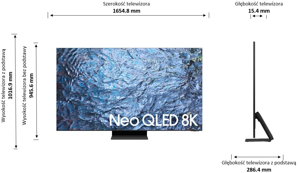 Diagram dużego telewizora z wymiarami i widokiem z boku.
