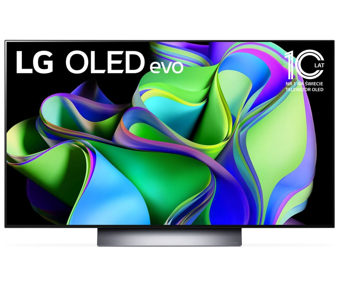 Telewizor LG OLED evo z kolorowym abstrakcyjnym tłem i srebrną podstawą, na czarnym tle.