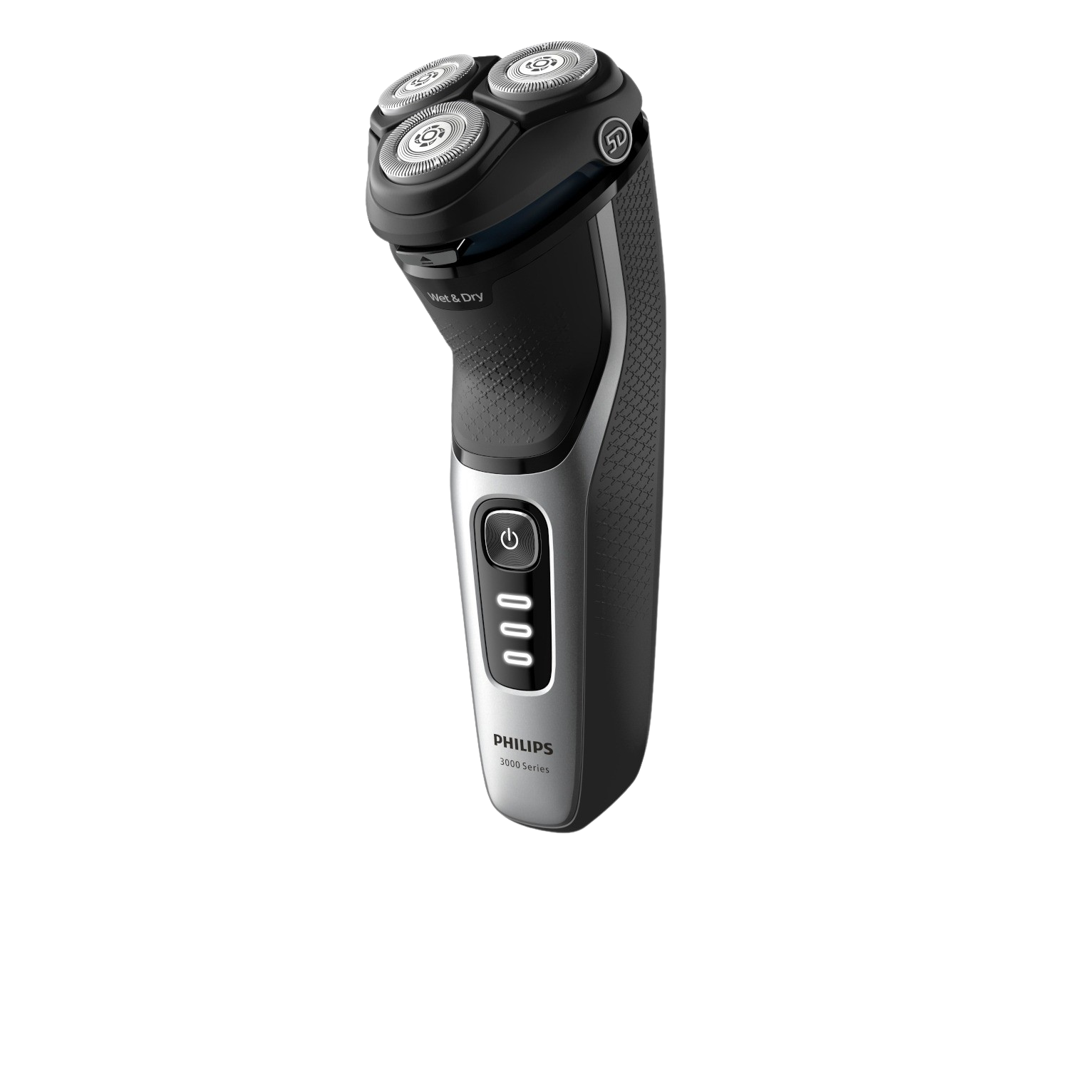 Black and silver Philips electric shaver, with three rotating heads.