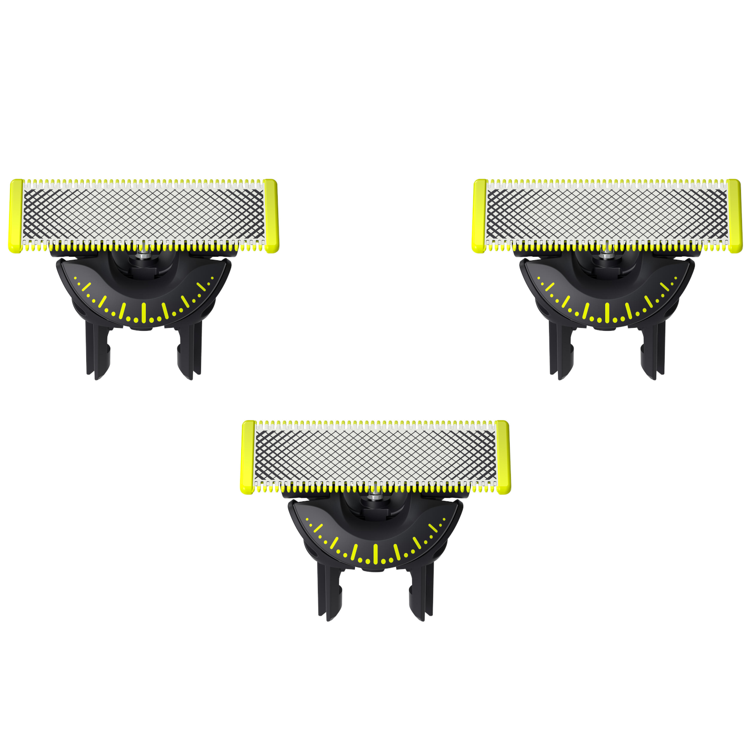 Three Philips Norelco OneBlade replacement blades, yellow and black.