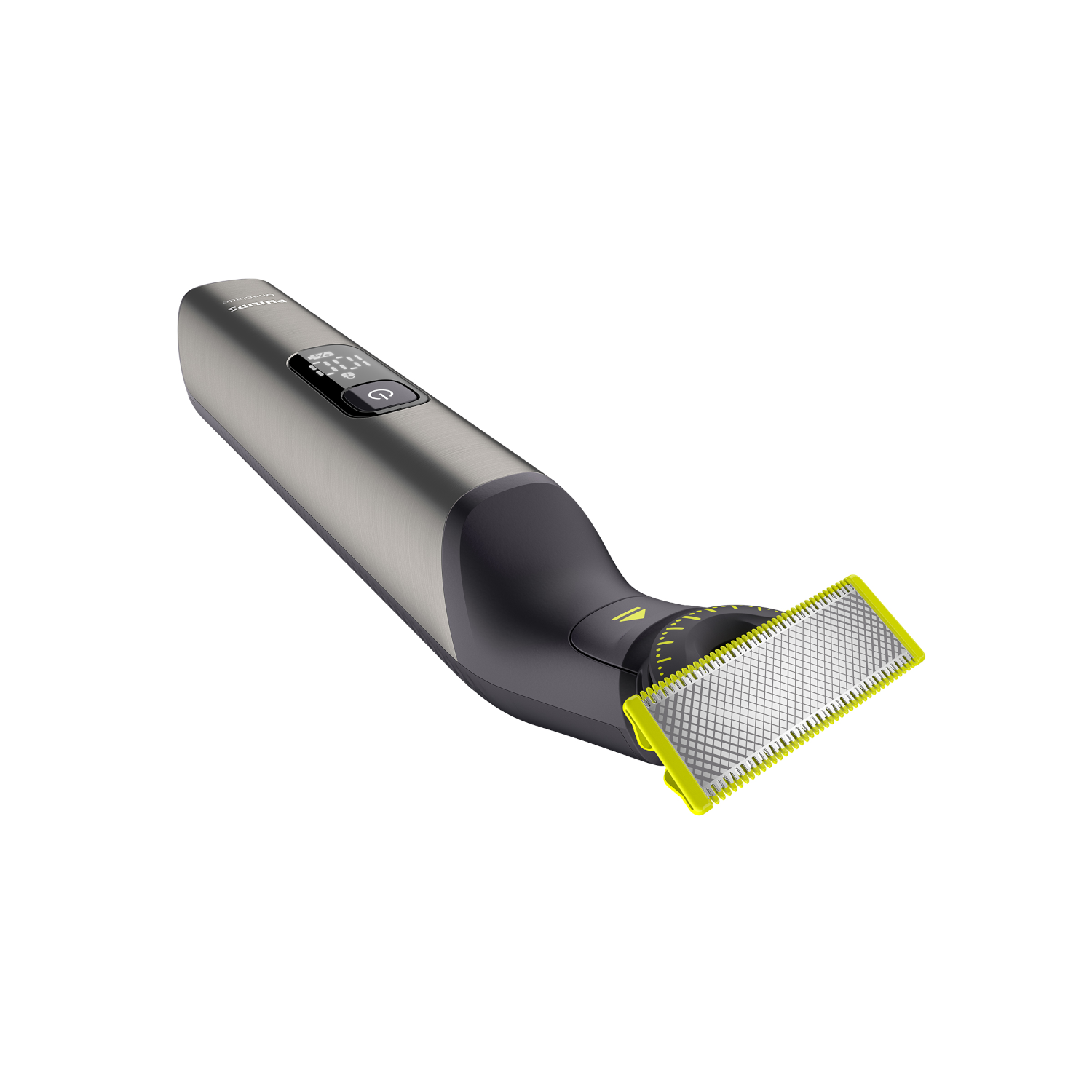 A silver and black Philips OneBlade electric shaver with a yellow trimming blade, angled on white.