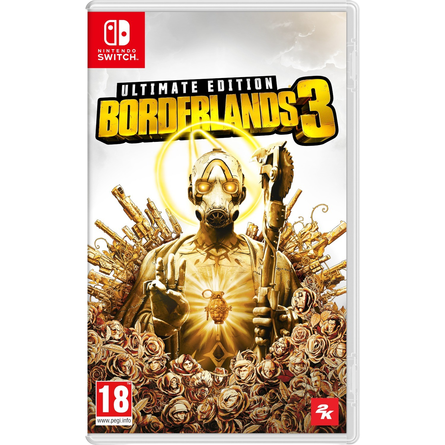 Borderlands 3 Ultimate Edition spelverpakking. Figuur met gasmasker op de cover.
