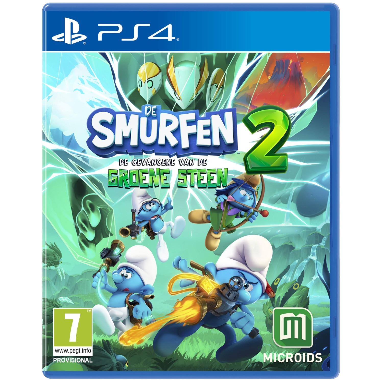 Smurfs 2 videogamecover. Blauwe figuren in actie met groene, witte en blauwe achtergrond.