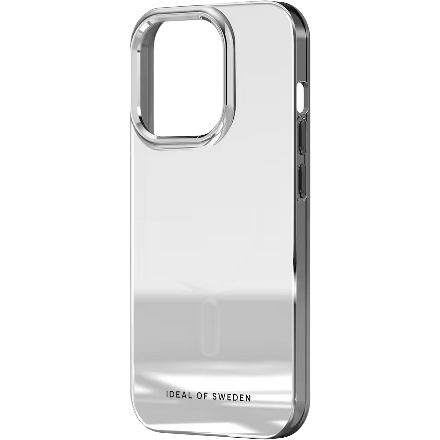 Coque de téléphone argentée brillante avec découpe caméra et marque Ideal of Sweden.