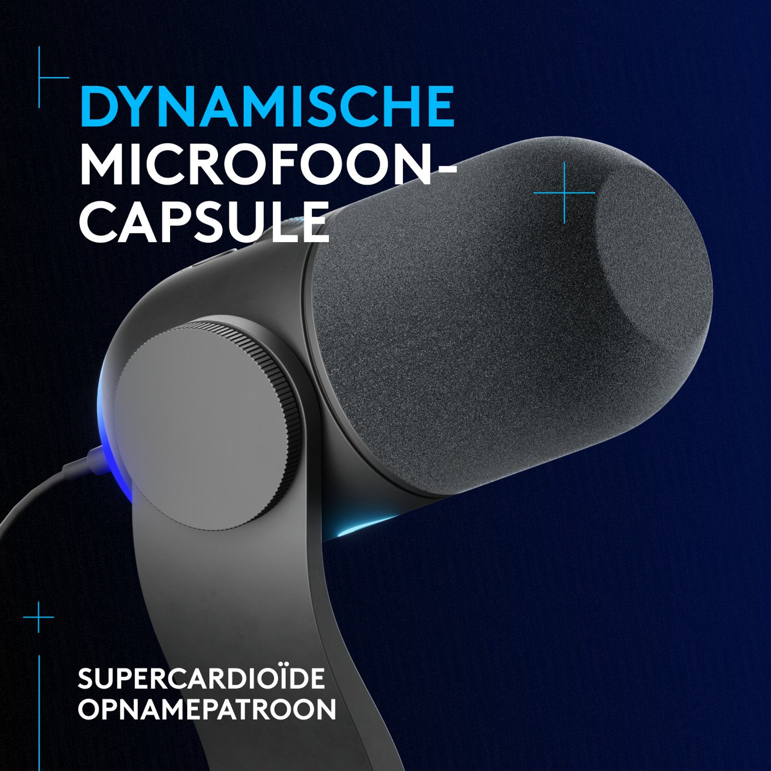 A dynamic microphone capsule with a black foam head and silver details, set on a dark blue background.