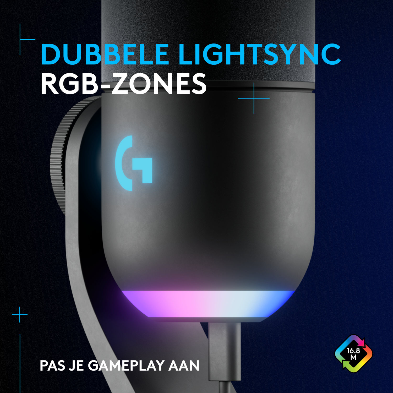 Logitech microphone with RGB lighting, black color, and text about gameplay customization.