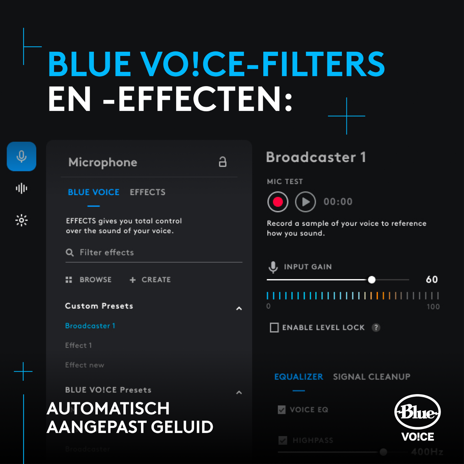 Interface screen with blue voice filter options and settings for recording.