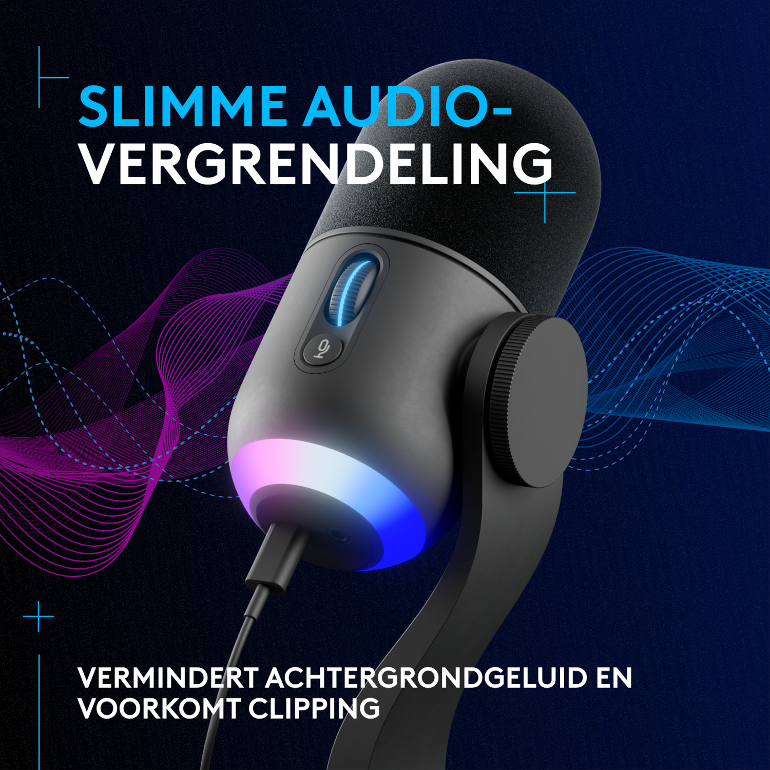 A black microphone with a blue and pink light ring, with text in Dutch, and a dark background.