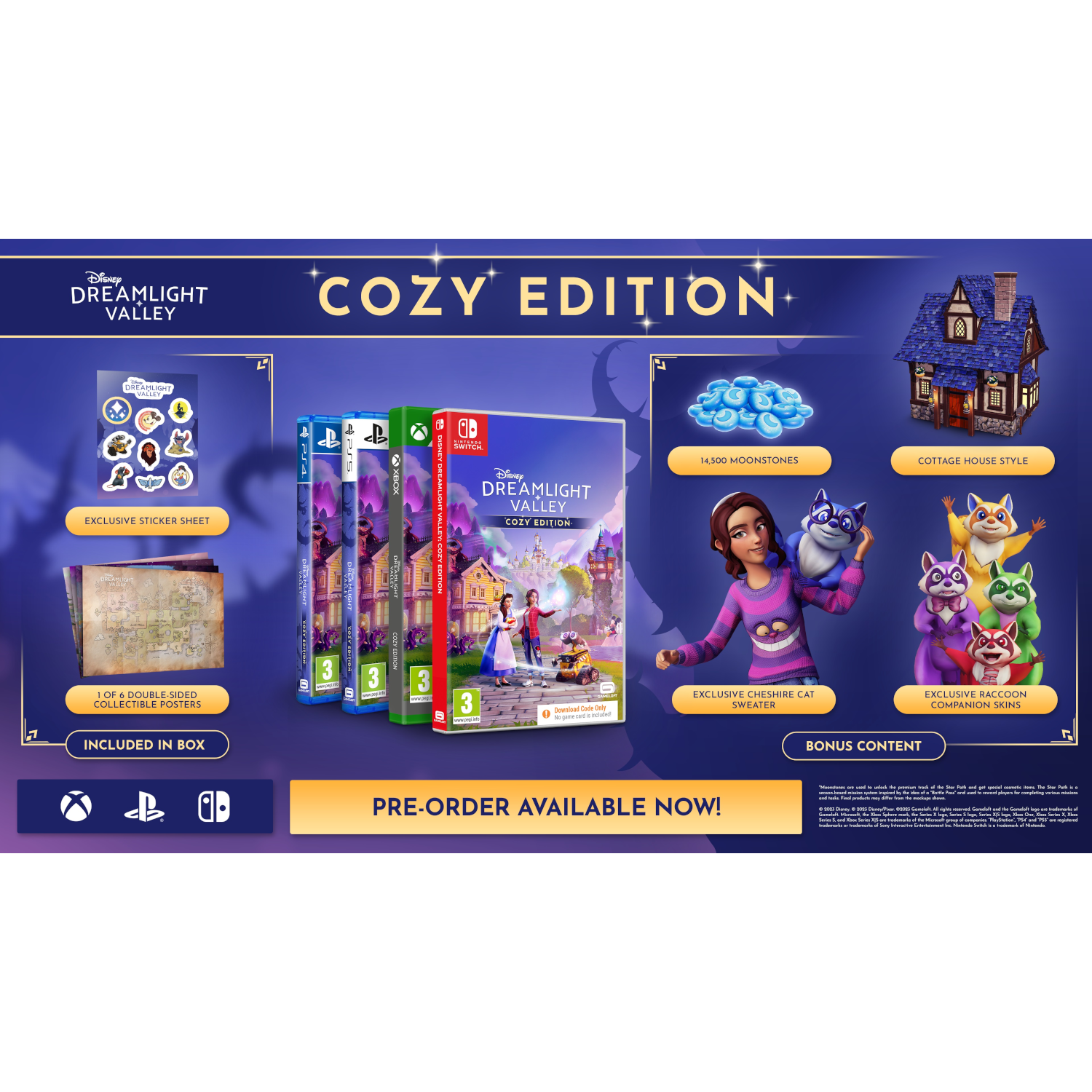 Game box art with characters, a game case, bonus content, and the text 'Pre-Order Available Now!'
