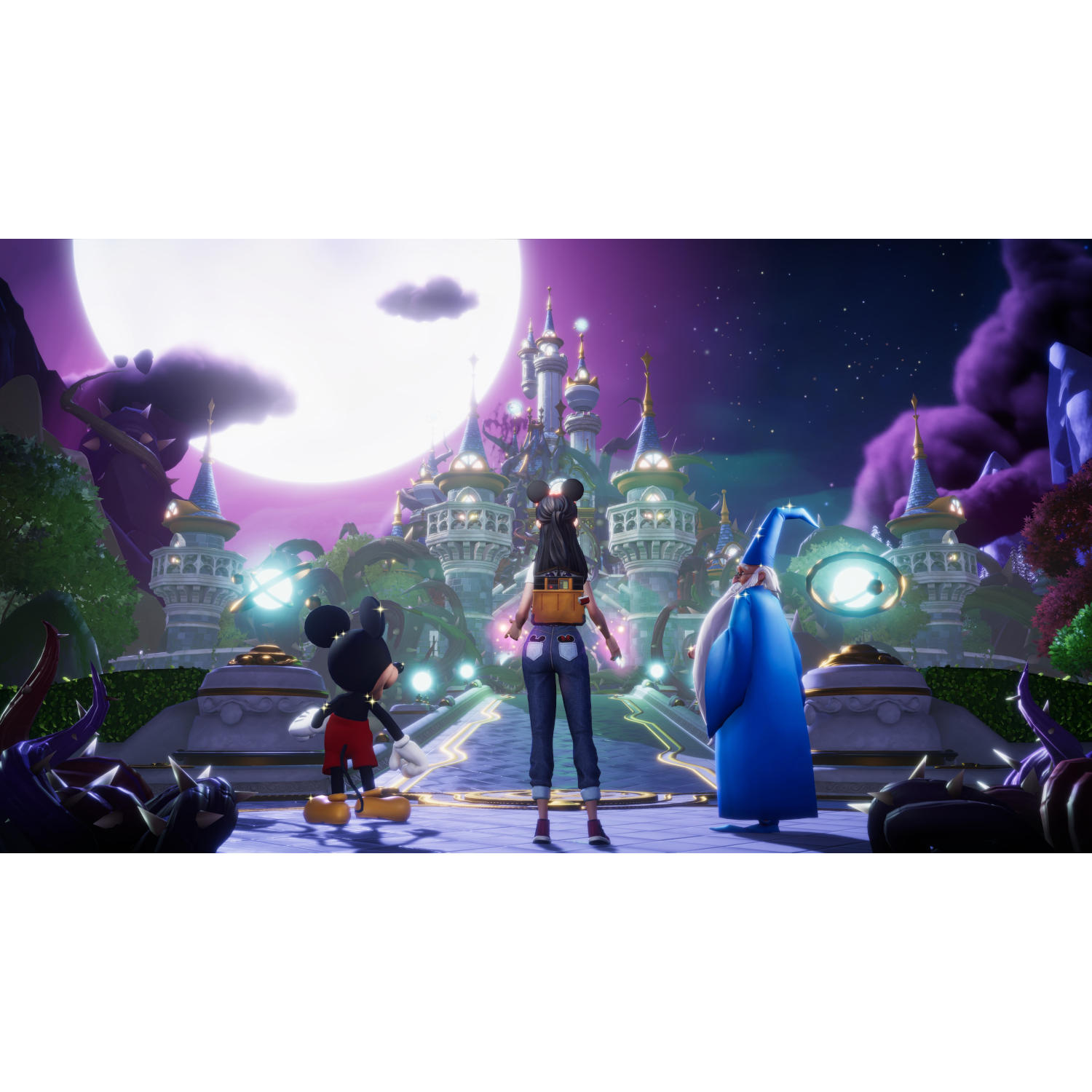 A video game scene featuring Mickey Mouse, a character, and a wizard in front of a castle at night.