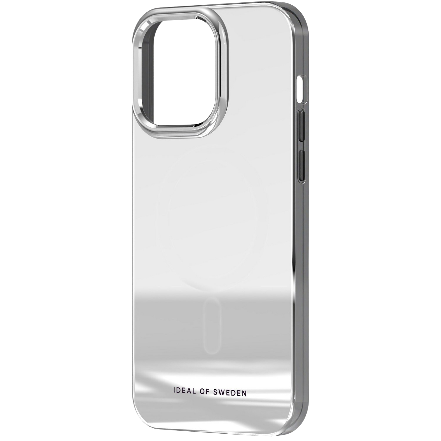 Een zilveren telefoonhoesje. De case heeft een doorzichtige achterkant en een zilveren frame.