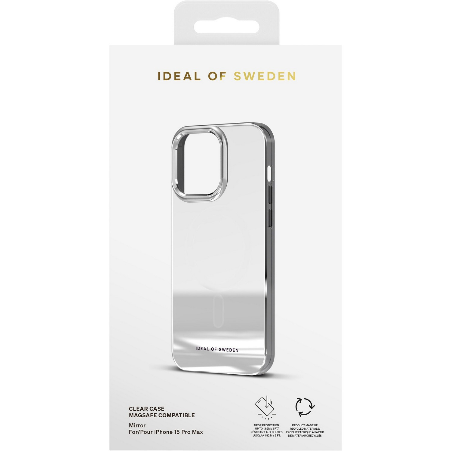 Transparante telefoonhoes met spiegelafwerking, in een witte doos.