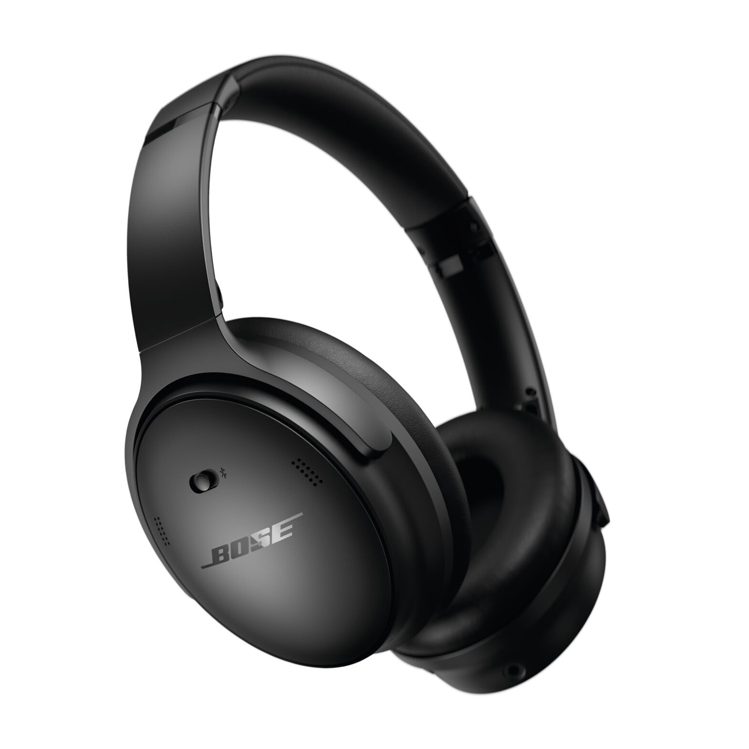 Cuffie Bose nere, vista angolata. Le cuffie sono lucide e hanno il logo Bose.