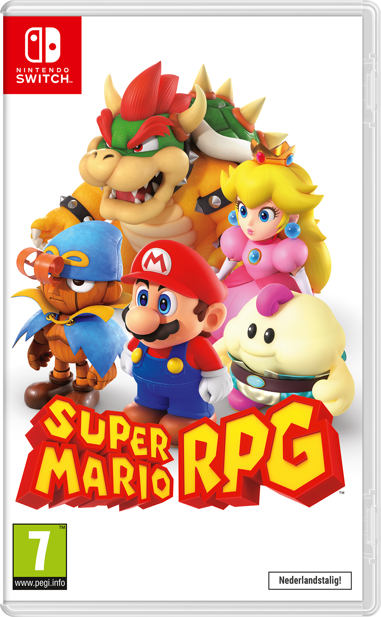 Nintendo Switch gamebox. Mario, Bowser, Peach en anderen op de cover.