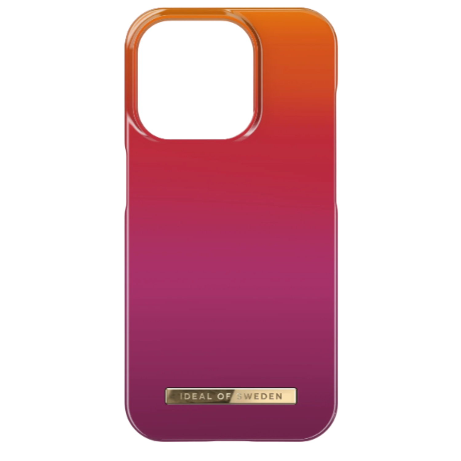 Gradiënt telefoonhoes, oranje naar paars, met camera-uitsparing en Ideal-branding.