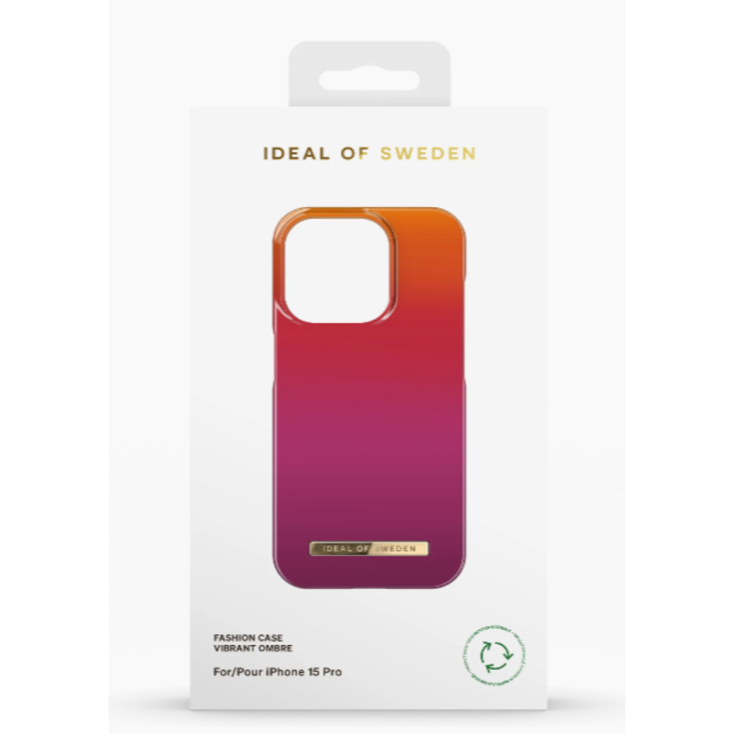 Telefoonhoesje in doos met ombre-ontwerp, van oranje naar roze.
