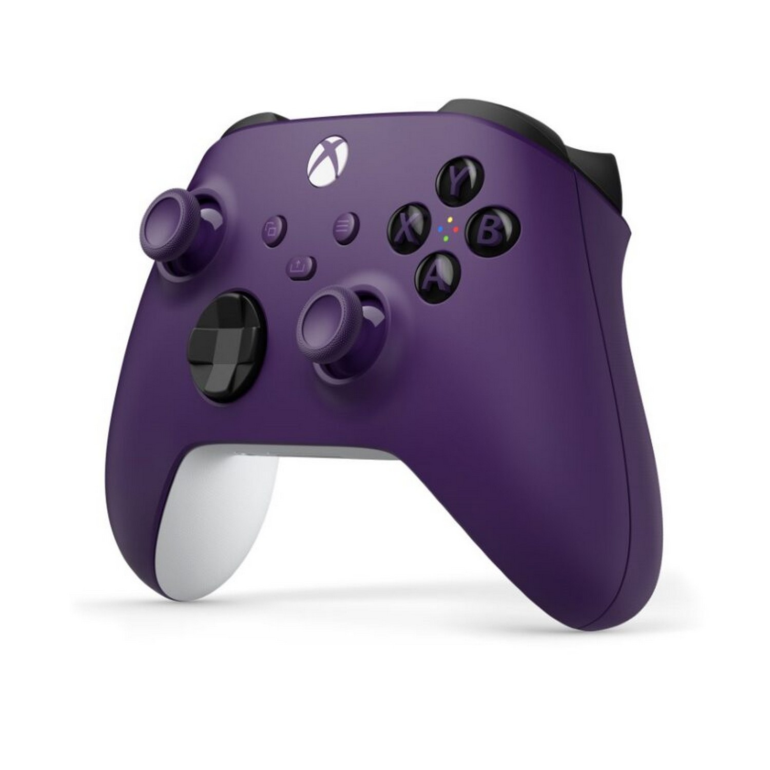 Manette Xbox violette avec boutons noirs, touches blanches et le logo Xbox.